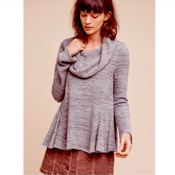 Anthropologie Waffle Thermal Knit Cowl Neck Flare Sleeve Sweater Gray Sz. Medium - Picture 1 of 9